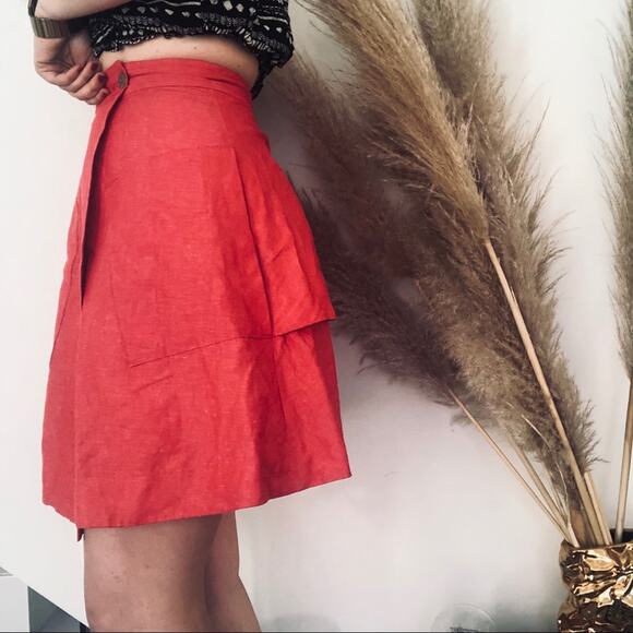 ANTHROPOLOGIE Red Pink Ruffle Tiered Silk Linen Wrap Mini Knee Length Skirt 0 - Picture 2 of 8